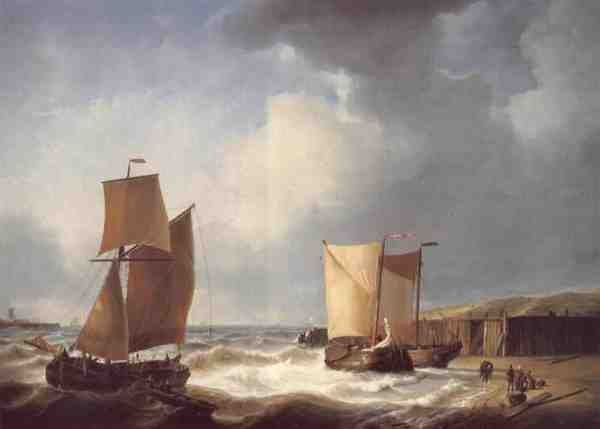 Fisherfolk And Ships By The Coast A4 Photo Print