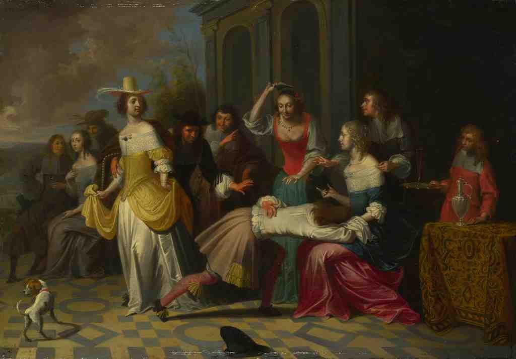 Follower of Hieronymus Janssens Ladies and Gentlemen playing La Main Chaude A4 Photo Print