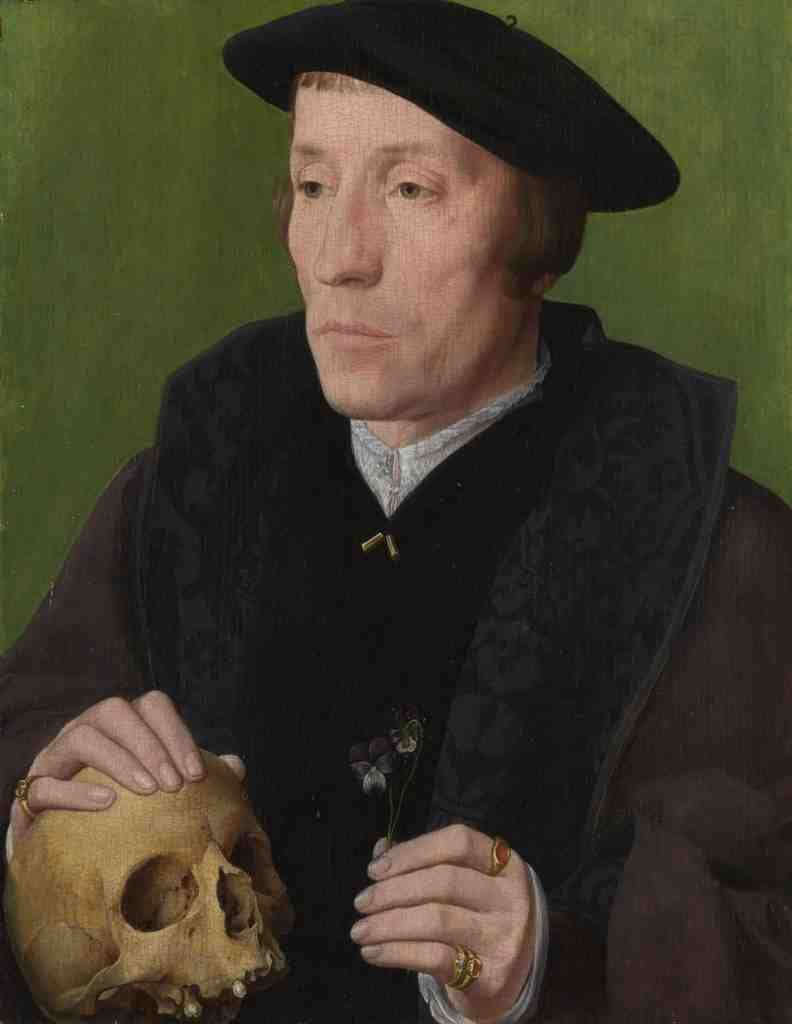 Follower of Jan van Scorel A Man with a Pansy and a Skull A4 Photo Print