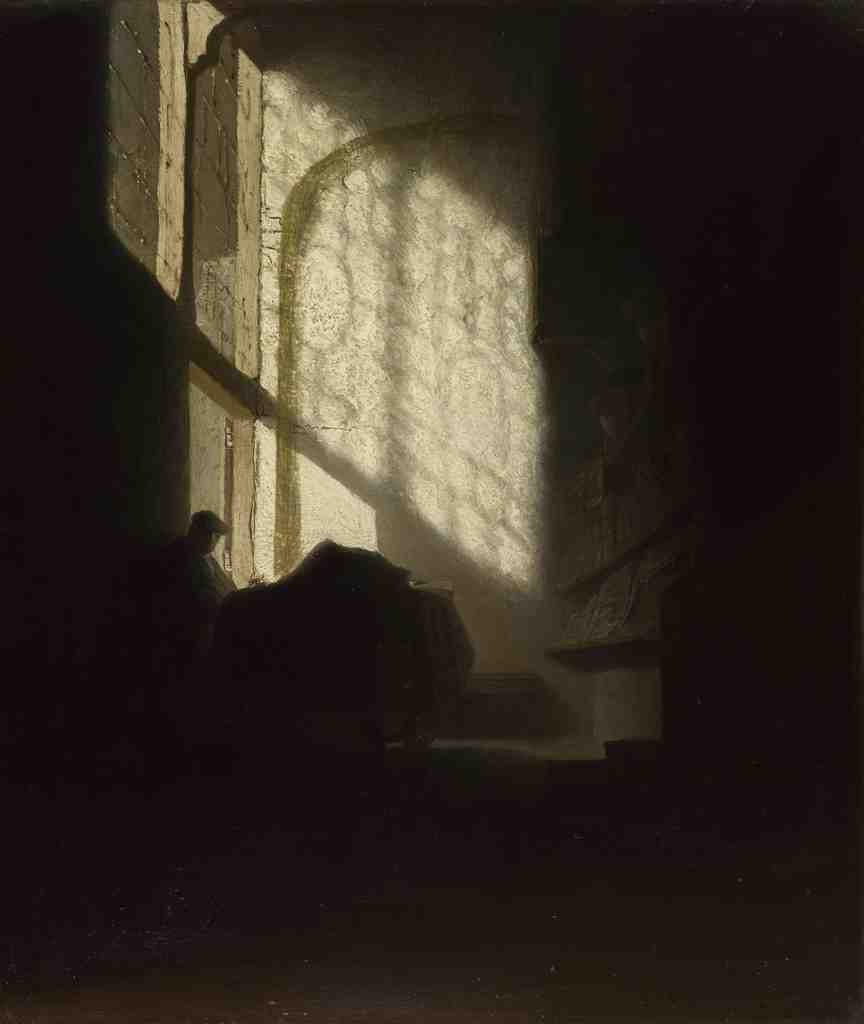 Follower of Rembrandt A Man seated reading at a Table in a Lofty Room A4 Photo Print