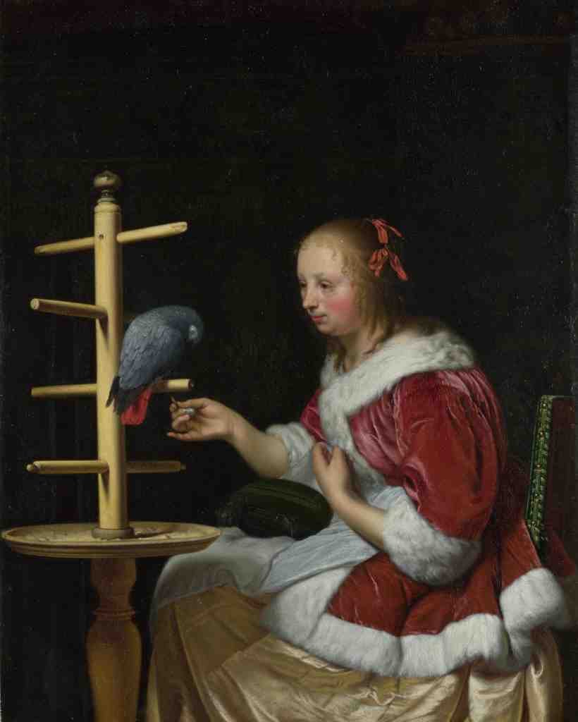 Frans van Mieris the Elder A Woman in a Red Jacket feeding a Parrot A4 Photo Print
