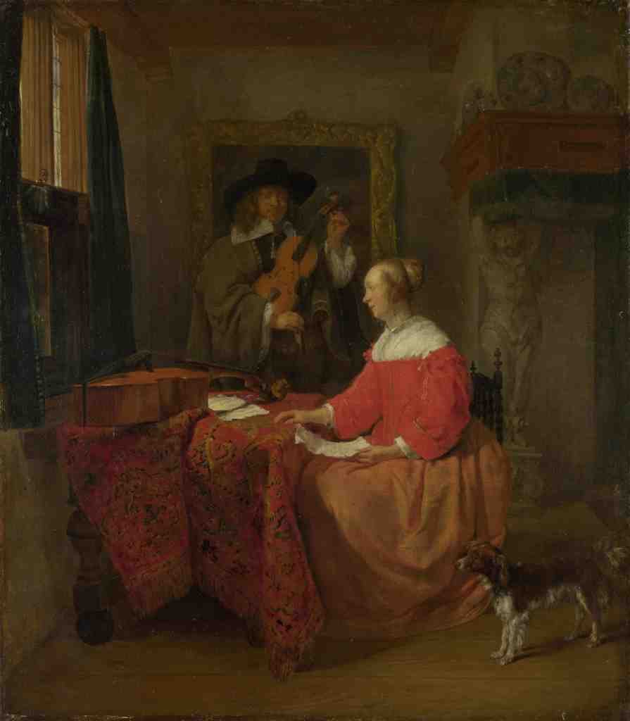 Gabriel Metsu A Woman seated at a Table and a Man tuning a Violin A4 Photo Print