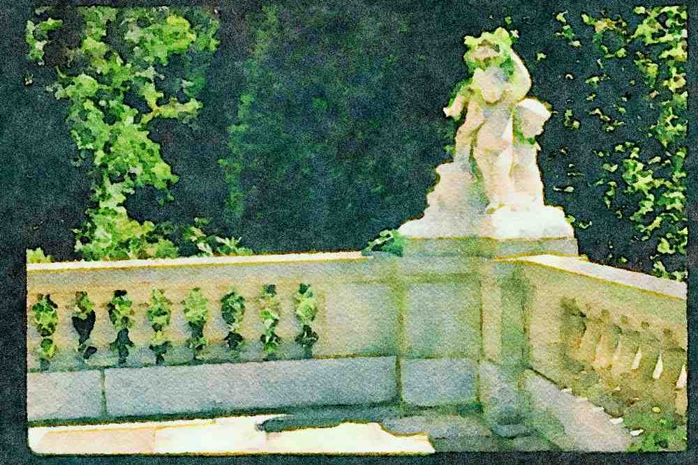 Garden 346045 Cherubs On Balustrade The Elms, U.S.A. A4 Limited Edition Watercolour Print