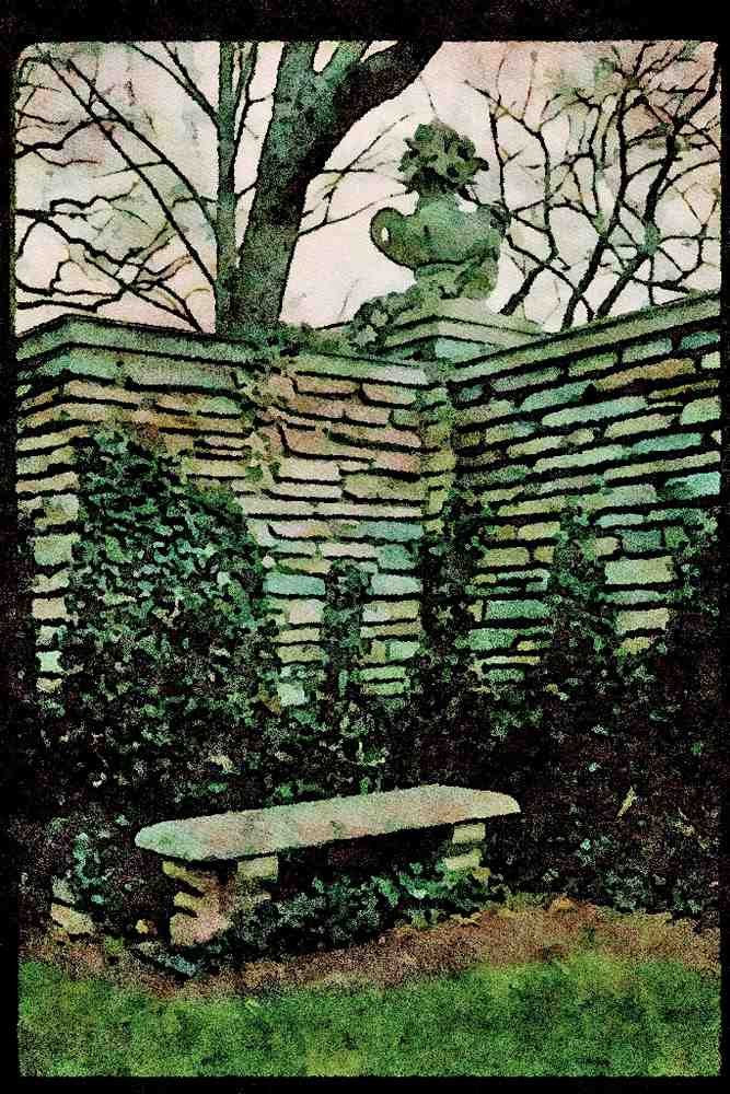 Garden 346055 Bench By Wall With Urn Dumbarton Oaks, U.S.A. A4 Limited Edition Watercolour Print