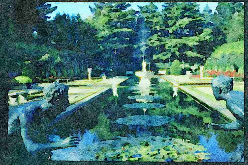 Garden 346059 Wrestlers In Italian Garden Compton Acres, England A4 Limited Edition Watercolour Print