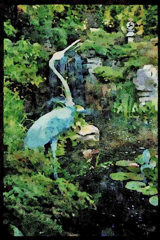 Garden 346071 Crane And Waterfall Compton Acres, England A4 Limited Edition Watercolour Print