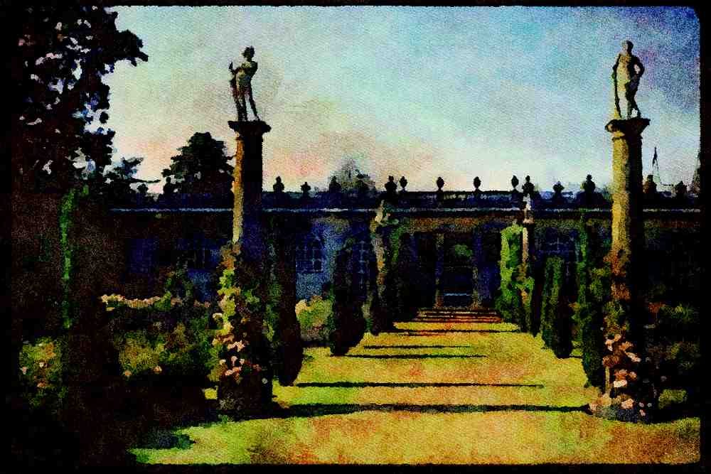 Garden 346081 Statuary Columns In Rose Garden Chatsworth, England A4 Limited Edition Watercolour Print