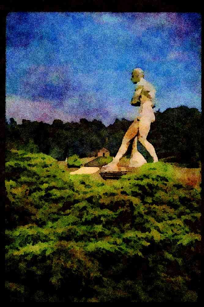 Garden 346085 Statue And Cascade Chatsworth, England A4 Limited Edition Watercolour Print