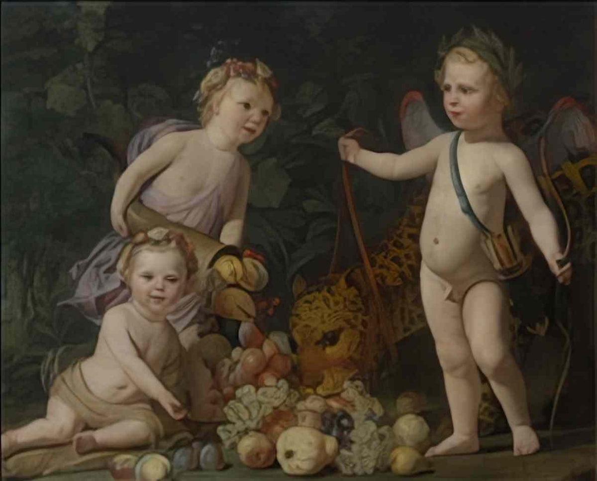 Gerard van Honthorst three children with fruit and a jaguar.PNG! Art A4 Photo Print