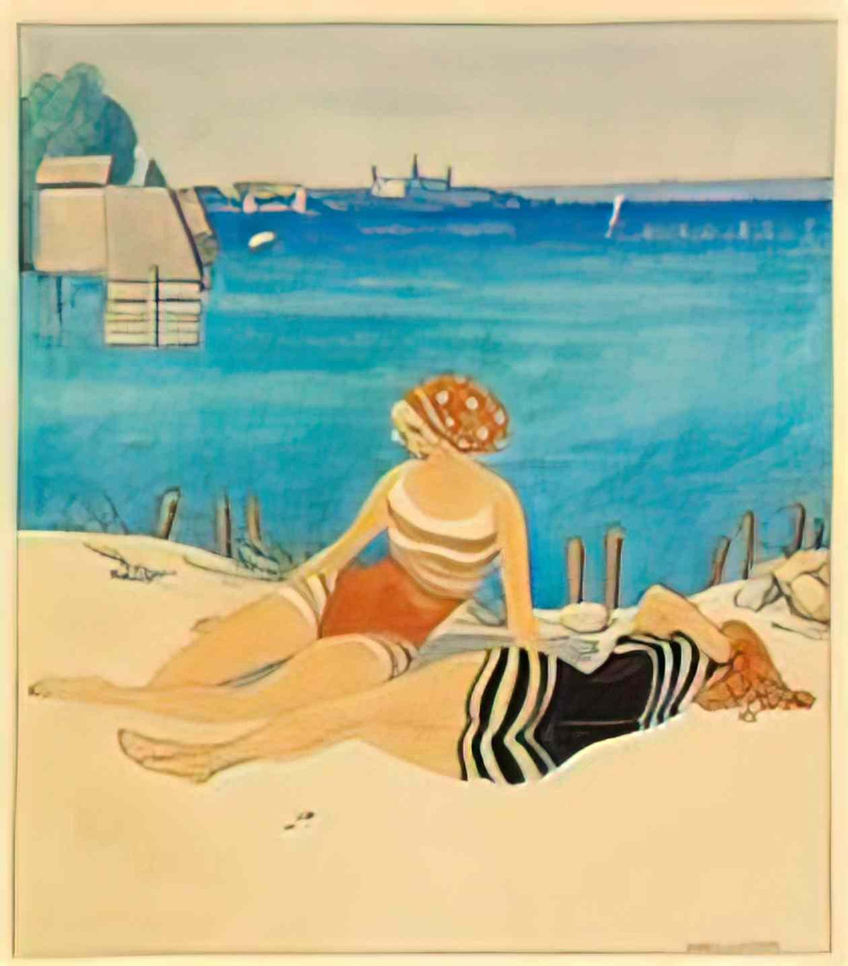 Gerda Wegener to badepiger soler sig i sandet med udsigt til kronborg Art A4 Photo Print