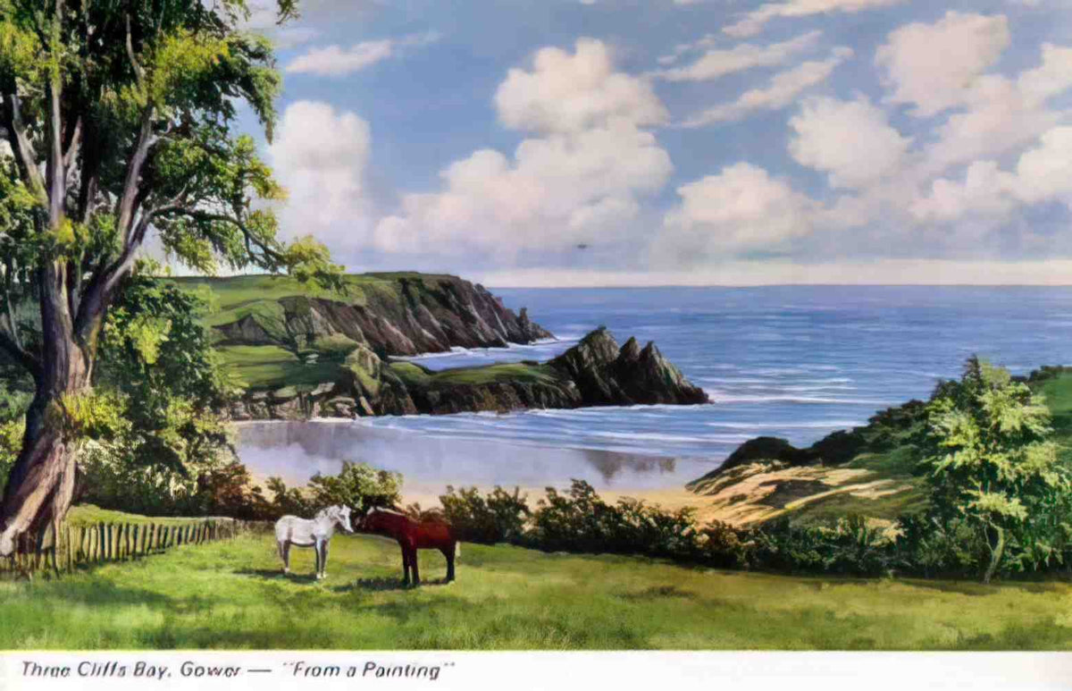 Gower Three Cliffs Bay from a painting Vintage A4 Photo Print