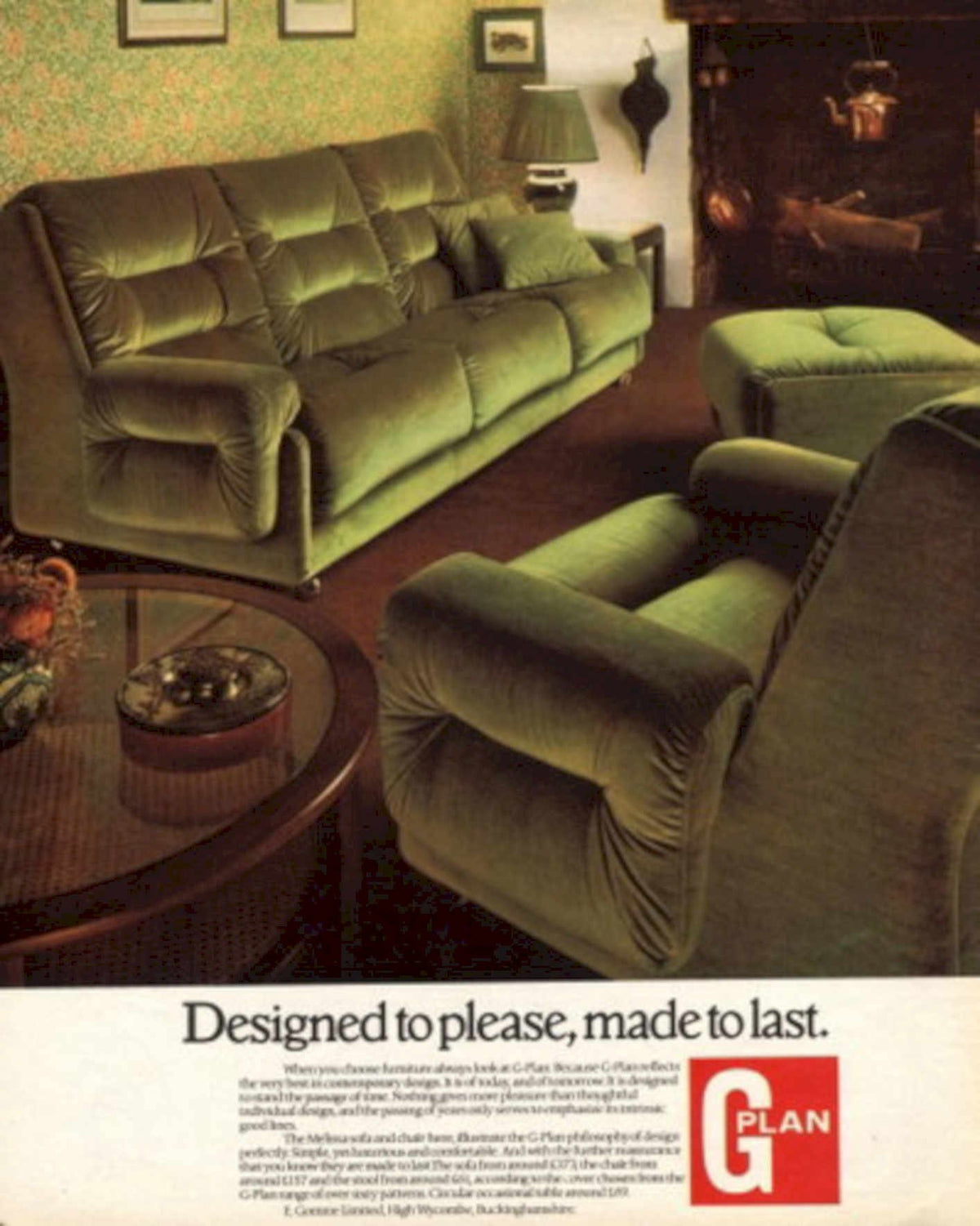 Green Velvet Sofa 1970s Vintage Retro Advert
