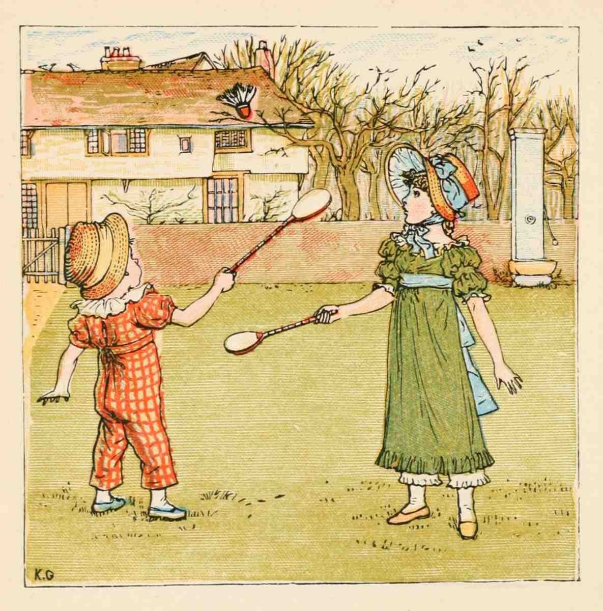 Greenaway Kate 1846 1901 Kate Greenaways Birthday Book 1880 Children playing badminton A4 Photo Print