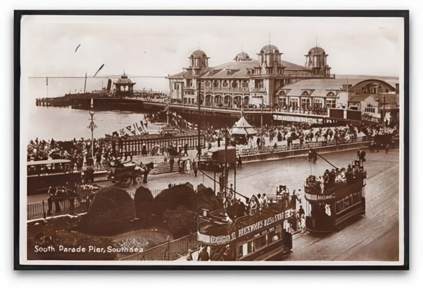 Hampshire Southsea South Parade Pier & 2 Trams & Flags Vintage A4 Photo Print