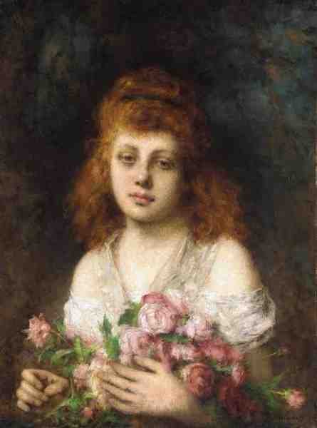 Harlamoff Alexej Auburn Haired Beauty With Bouquet Of Roses A4 Photo Print