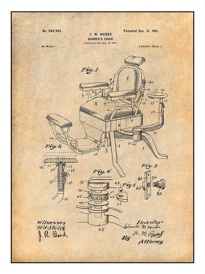 Hieber Barber Chair Patent Drawing 1901 barber advert A4 Photo Print