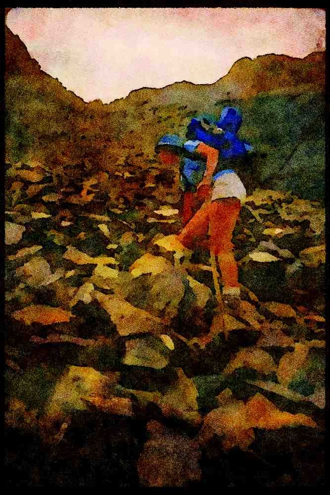 Hiking 267088 Hiking Through Scree, Yukon A4 Limited Edition Watercolour Print