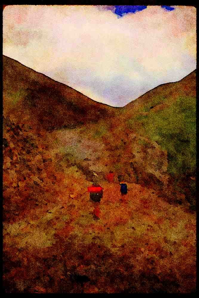 Hiking 267097 Hikers Walking Through Valley A4 Limited Edition Watercolour Print