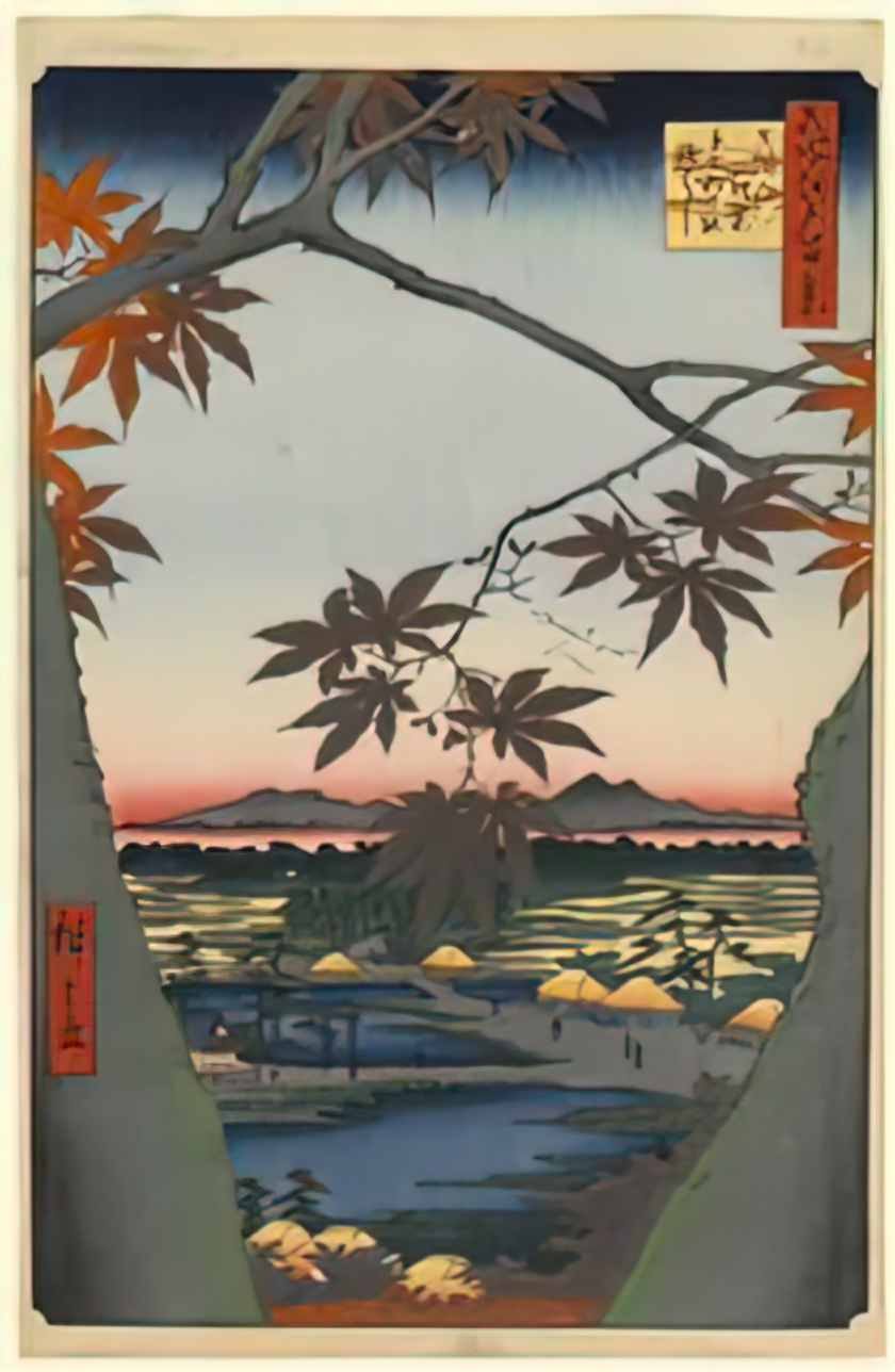 Hiroshige 94 the maple trees at mama the tekona shrine and tsugihashi bridge Art A4 Photo Print