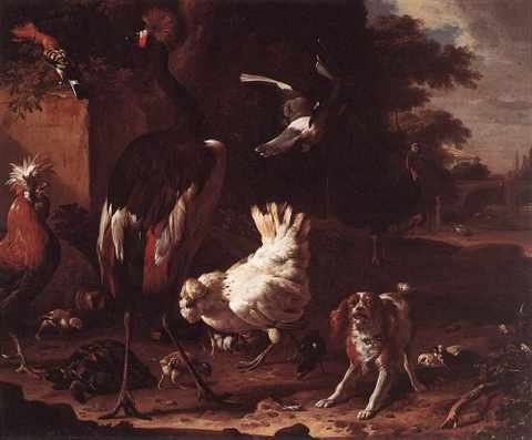 Hondecoeter Melchior D Birds And Spaniel In Garden A4 Photo Print