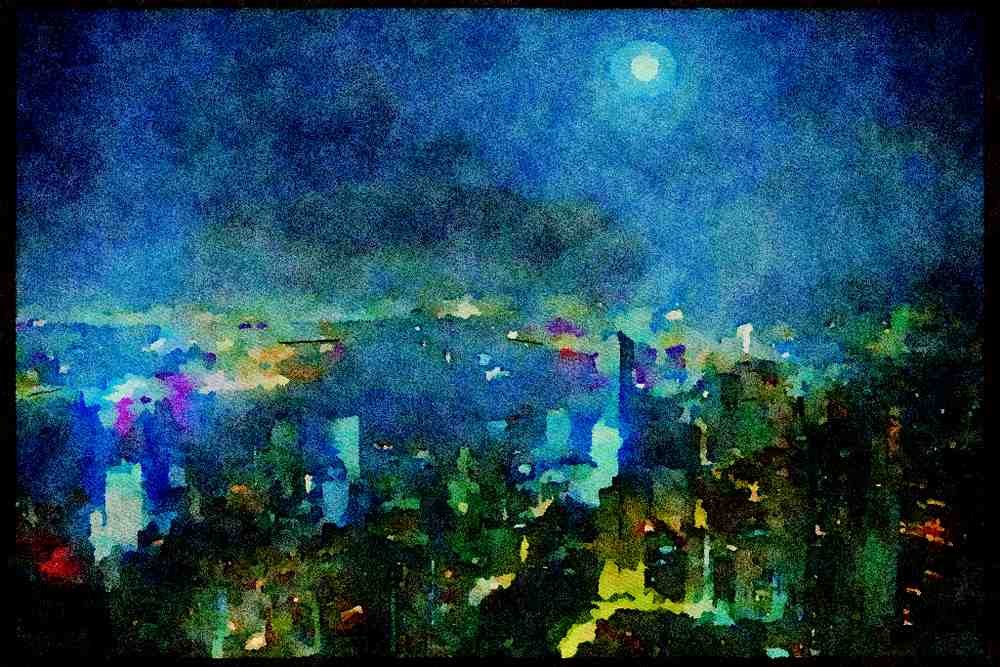 Hong Kong 279082 Full Moon Panorama View From Victoria Peak A4 Limited Edition Watercolour Print