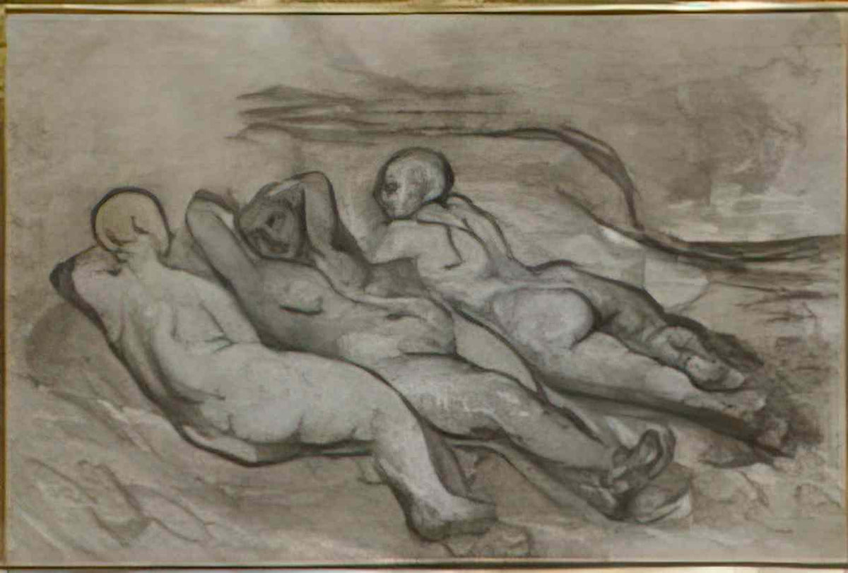 Honore Daumier study of three naked women lying at the foot of a clif Art A4 Photo Print