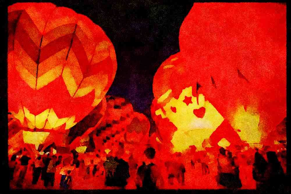 Hot Air Balloons 329016 Night _balloon Glow_ Tether, Albuquerque A4 Limited Edition Watercolour Print