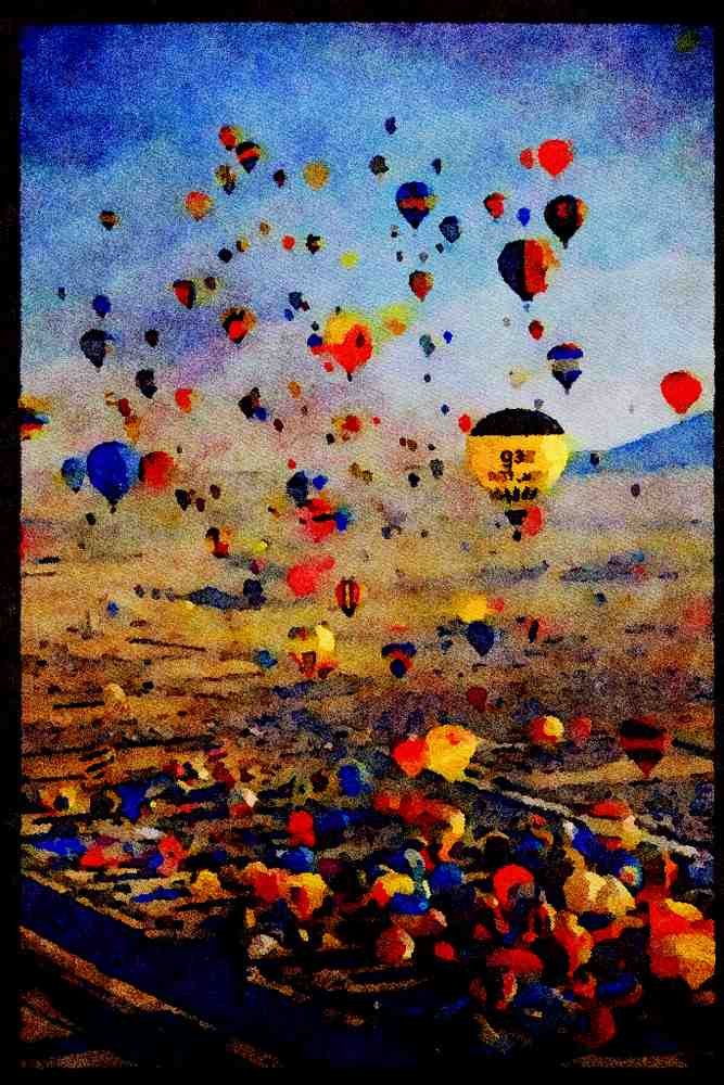 Hot Air Balloons 329046 Balloons On Land And In The Sky, Albuquerque A4 Limited Edition Watercolour Print