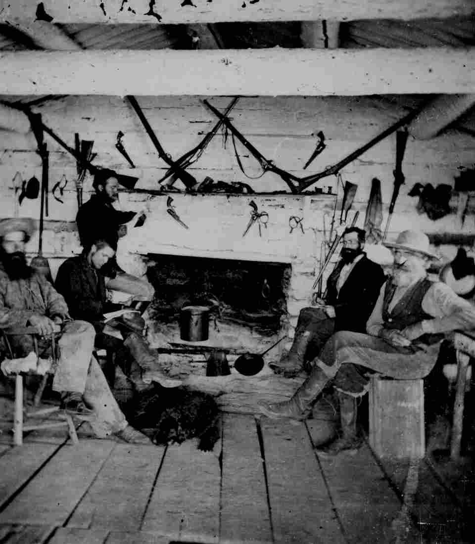 Interior of Sawtells Ranch Men gathered around fireplace Military A4 Photo Print