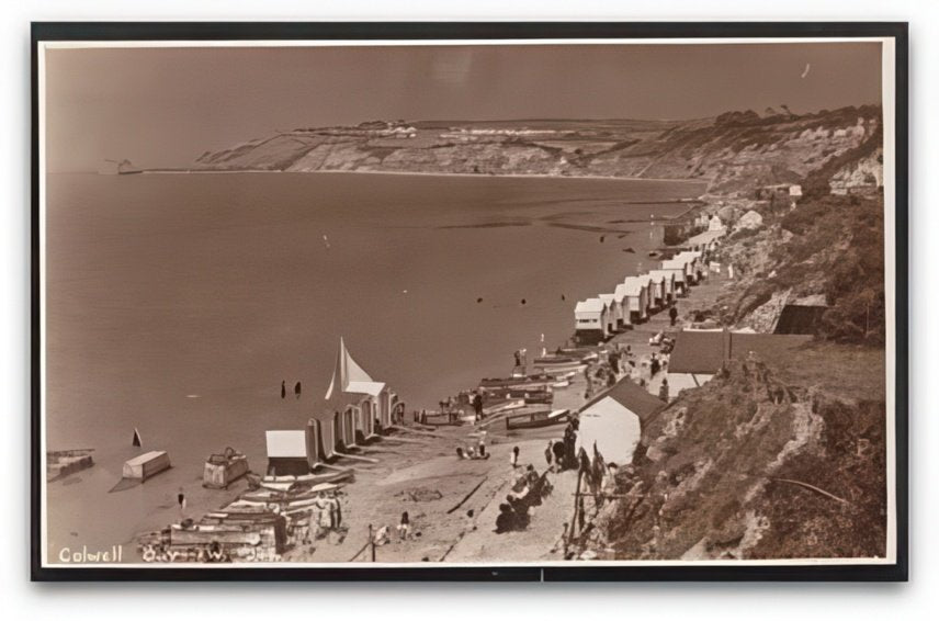 Iow Colwell Bay View Across Beach Bathing Machines In Sea Vintage A4 Photo Print