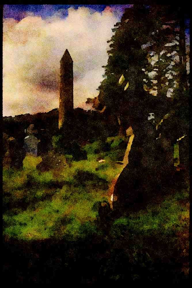 Ireland Emerald Isle 017046 Tower And Grave Yard, Wicklow Mountains A4 Limited Edition Watercolour Print