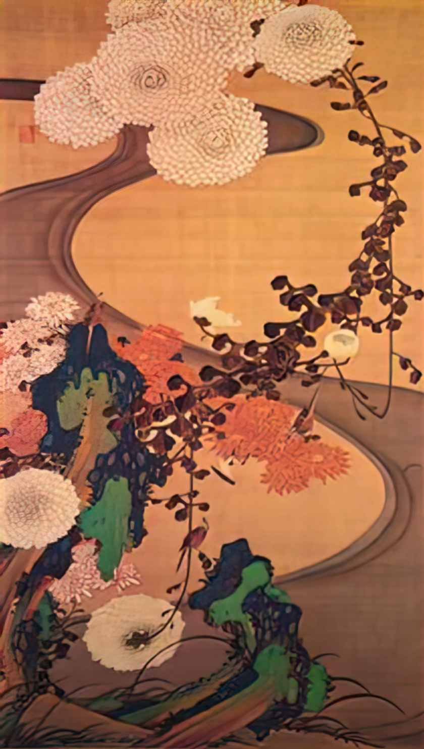 Ito Jakuchu chrysanthemums by a stream with rocks 1760 Art A4 Photo Print