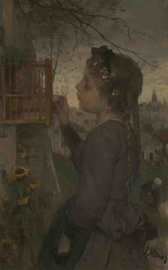Jacob Maris A Girl feeding a Bird in a Cage A4 Photo Print