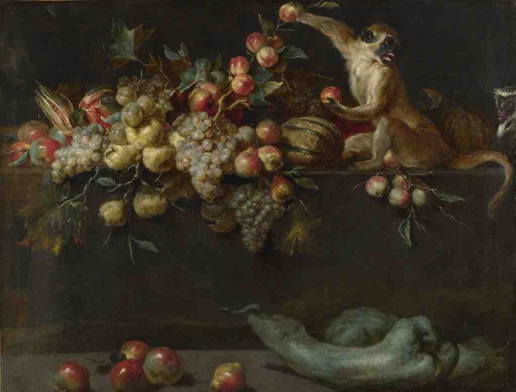 Jan Roos Still Life of Fruit and Vegetables with Two Monkeys A4 Photo Print