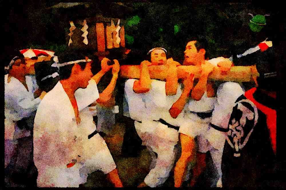 Japan 065060 Men Bearing Portable Shrine A4 Limited Edition Watercolour Print