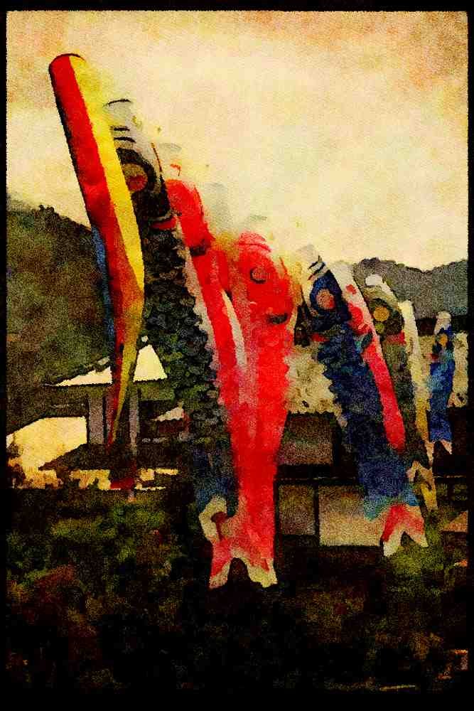 Japan 065109 Koi Streamers Jofu Countryside A4 Limited Edition Watercolour Print