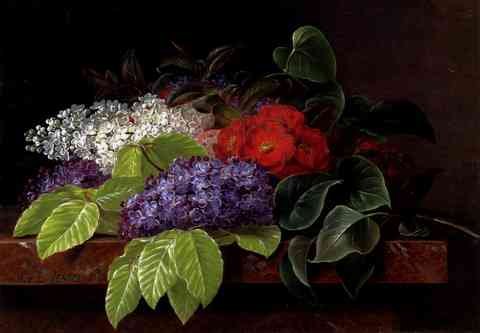 Jensen Johan Laurentz White And Purple Lilacs Camellia And Beech Leaves On A Marble Ledge A4 Photo Print