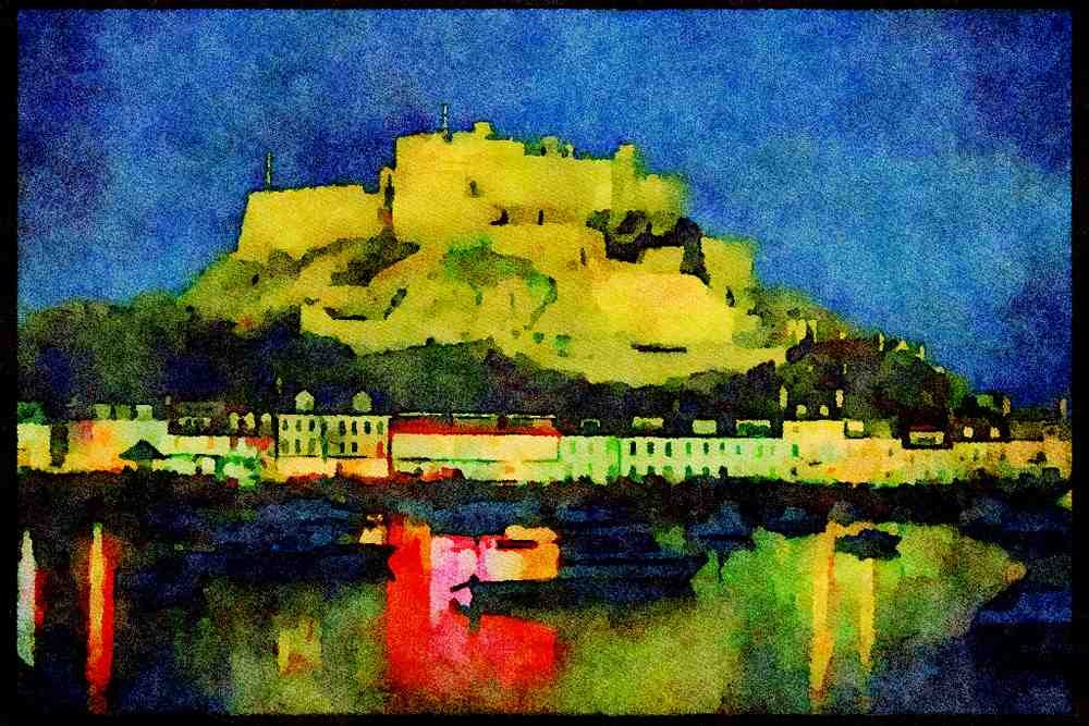Jersey Channel Isles 286056 Gorey Castle, Night A4 Limited Edition Watercolour Print
