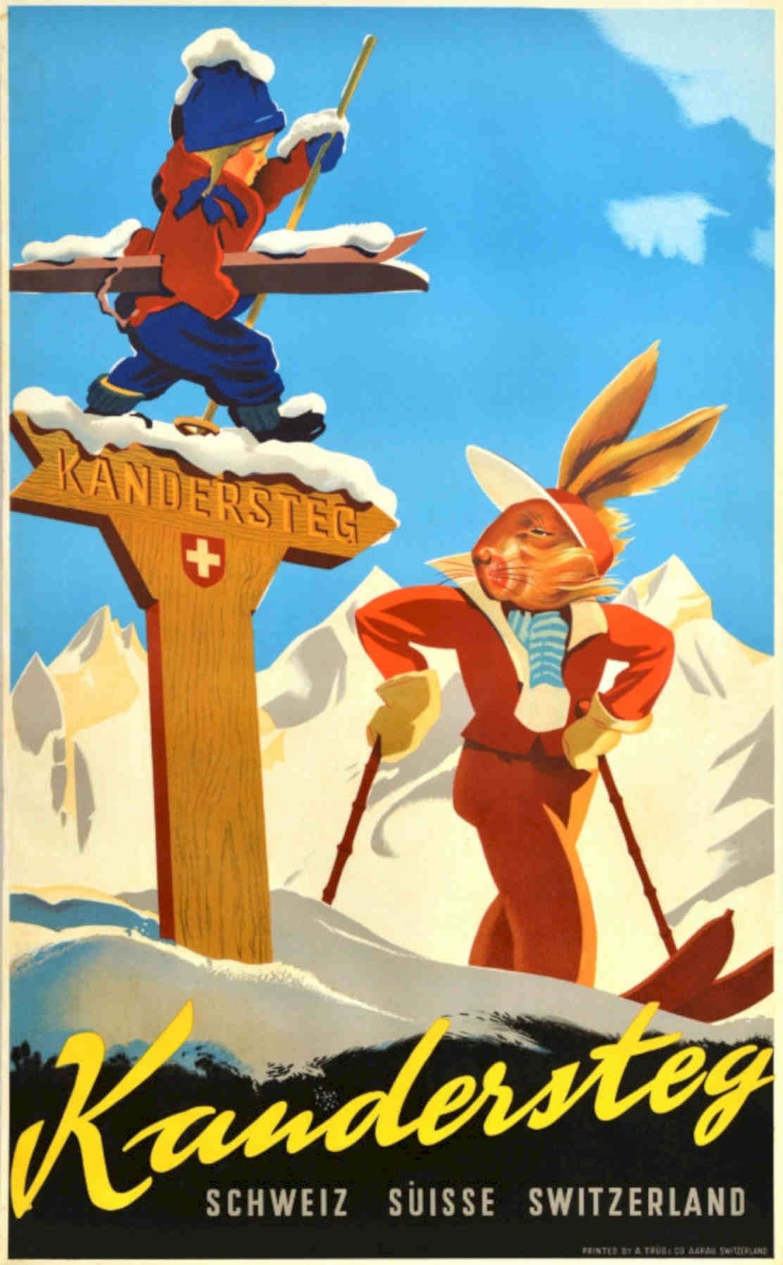 Kandersteg Skiing Rabbit Vintage Retro Advert Poster A4 Photo Print