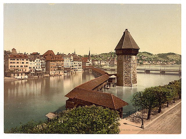 Kapellbrucke and Wasserturm Lucerne Vintage A4 Photo Print