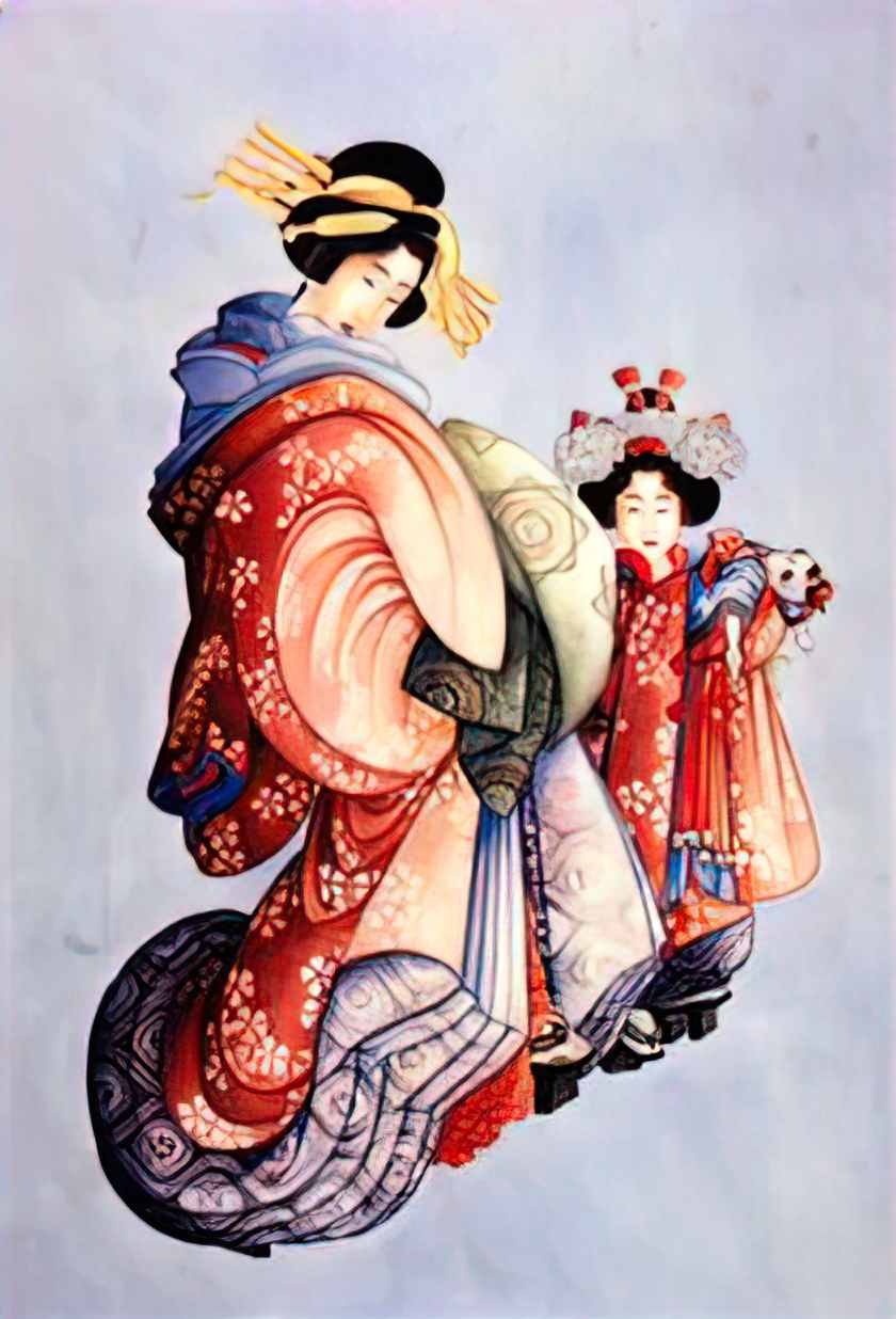 Katsushika Hokusai oiran and kamuro Art A4 Photo Print