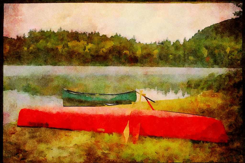 Kayak Canoes 155014 Canoes Dumoine River, Quebec A4 Limited Edition Watercolour Print
