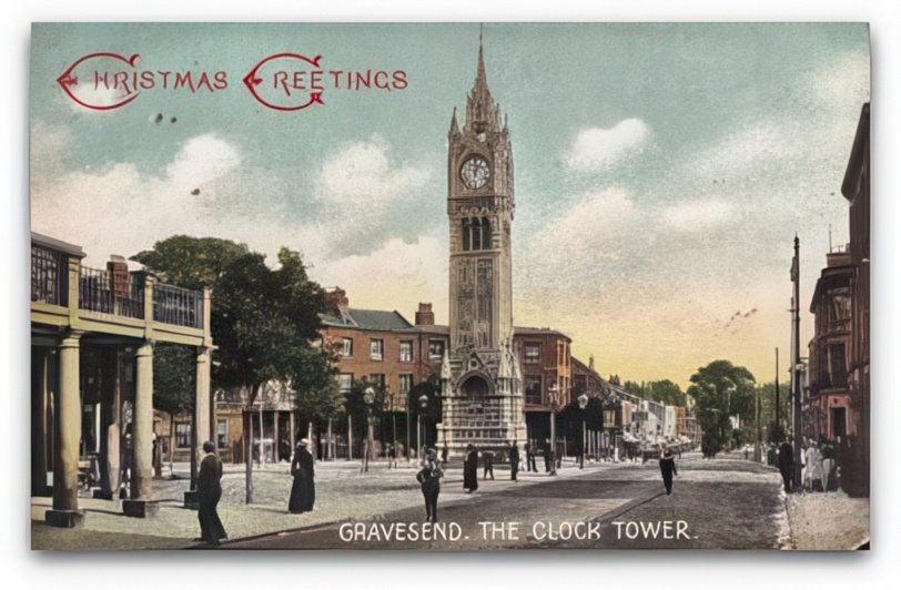 Kent Gravesend Clock Tower Embossed Christmas Greetings Misch Vintage A4 Photo Print