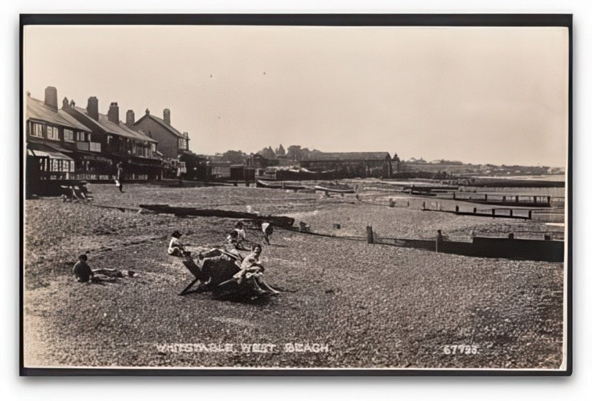 Kent Whitstable West Beach Family In Deckchairs & Children Digging Vintage A4 Photo Print