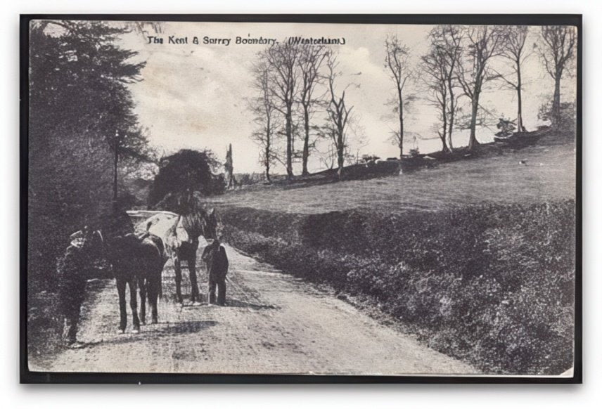 Kent & Surrey Boundary Westerham 2 Men & 2 Horses In Rural Road Vintage A4 Photo Print