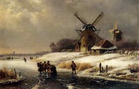 Kleijn Lodewijk Johannes Figures On AFrozen Waterway By A Windmill  A4 Photo Print
