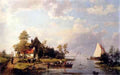 Koekkoek Hermanus A River Landscape With A Ferry And Figures Mending A Boat A4 Photo Print