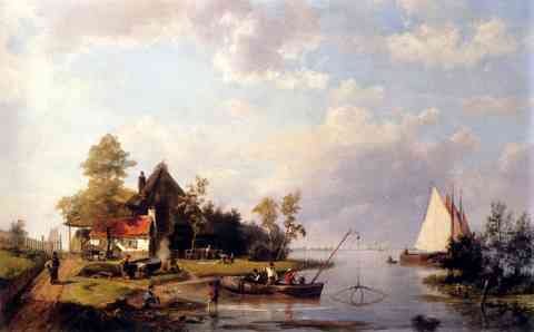 Koekkoek Hermanus A River Landscape With A Ferry And Figures Mending A Boat A4 Photo Print