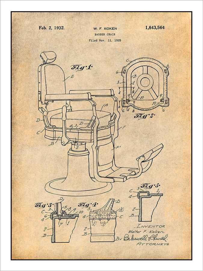 Koken Barbers Chair Patent Drawing 1932 barber advert A4 Photo Print