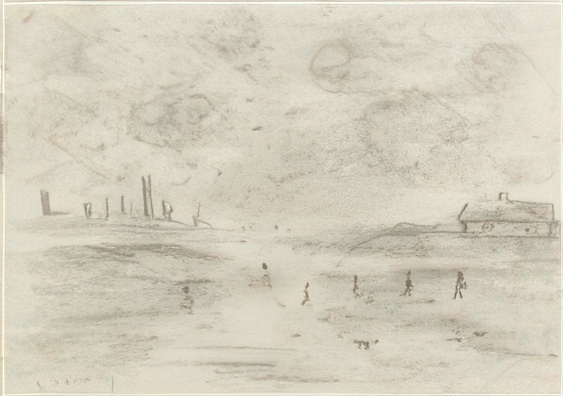L S Lowry Landscape With Six Tiny Figures And Dog In An Open Space, House And Distant Chimneys In Background, A4 Photo Print 1